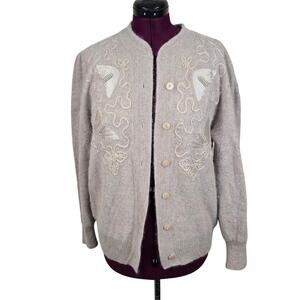 Vintage Women's Angora Beige Beaded Sweater Cardigan | Size Medium
